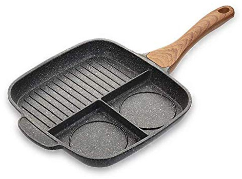 H&RB Piedra Y Cerámica Desayuno Sartén 3 Sección Dividida Parrilla/Freír/Horno De Comida Sartén Antiadherente Cocina De Aluminio Fundido A Troquel