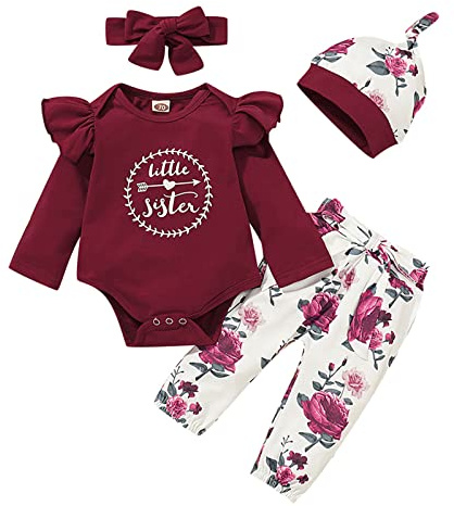 ChYoung Baby Girl Clothes Set Newborn Outfit Little Sister Romper Top and Rose Printed Pant and Headband 3 Pieces (White-Red, 0-3 Months)