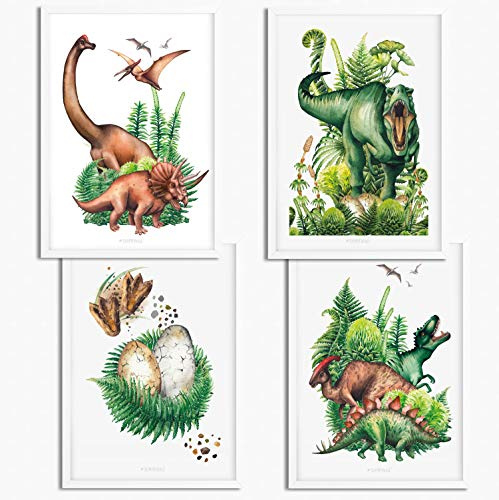 Sunnywall® 4er Set Dinosaurier T-Rex Brachiosaurus Triceratops Poster Kinderzimmer - A4 Bilder Babyzimmer Kinderposter | OHNE Bilderrahmen | - Deko Mädchen Junge