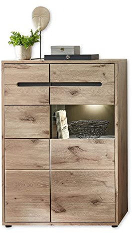 Stella Trading BELLANO Vitrine in Viking Eiche Optik, Graphit - Moderner Vitrinenschrank mit LED-Beleuchtung und viel Stauraum - 80 x 202 x 38 cm (B/H/T)