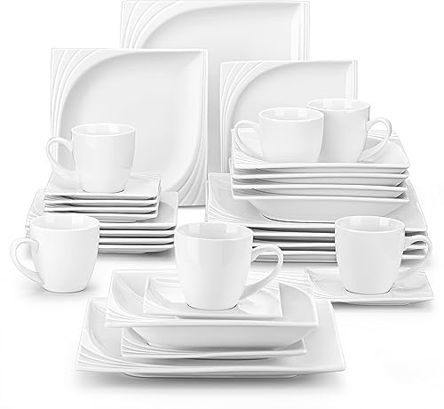 MALACASA, Serie Monica, Geschirrset für 6 Personen Kombiservice Porzellan Tafelservice 30-tlg mit je 6 Kaffeetassen, 6 Unterteller, 6 Dessertteller, 6 Tiefteller und 6 Flachteller