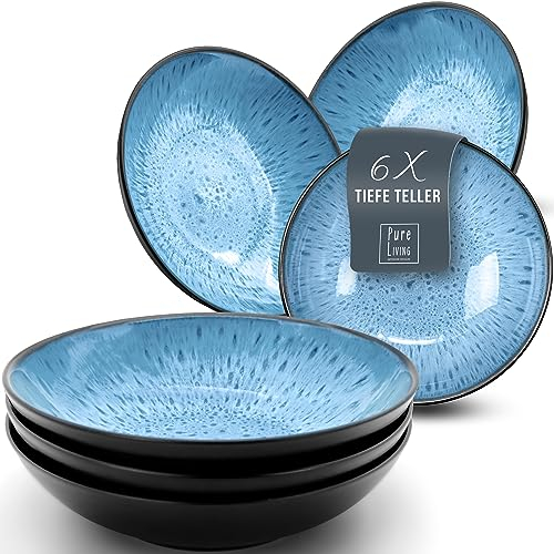 Set di 6 Piatti Fondi Moderni della Serie Ibiza, Eleganti Piatti per Pasta e Zuppe, Design Stiloso - Servizio Piatti per 6 Persone in Steingut - Pure Living Nero e Blu Profondo