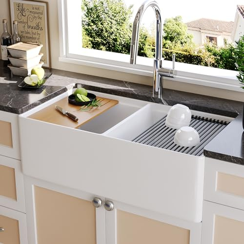 DeerValley Farmhouse Sink Workstation, 33 inch White Fireclay Apron Front Farm Sinks, Double Bowl Deep Drop-in Undermount Sink with Workstation Accessories