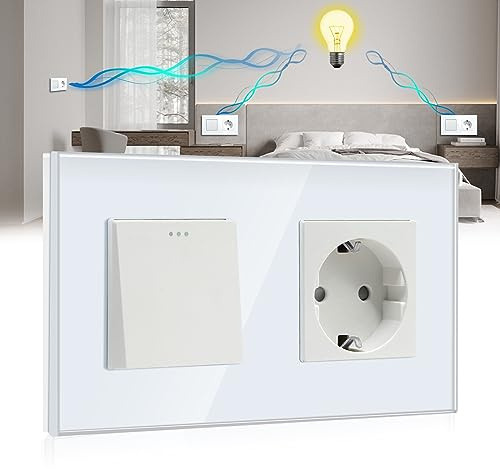 BSEED Interruptor de luz con enchufe de 3 vías, placa de cristal Schuko 16 A, color blanco, 157 mm