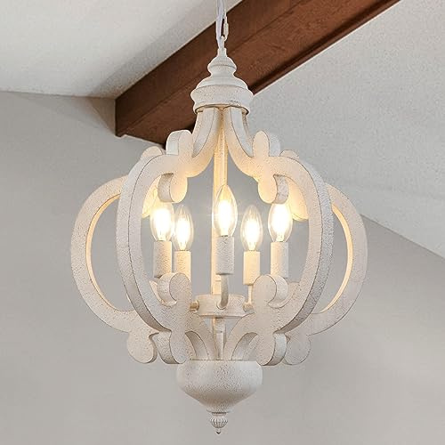 KMaiPem Vintage Weiß Kronleuchter, 5 Lichter Modern Rustikal Landhaus Hängelampe Esstisch, Französische Bauernhaus Holz Pendelleuchte für Wohnzimmer, Schlafzimmer, Flur