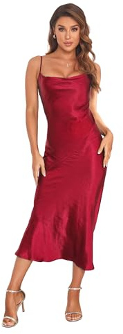 Women's Spaghetti Strap Midi Satin Silk Dresses Slip Cowl Neck Party Cocktail Evening Dress, Wine Red, XL