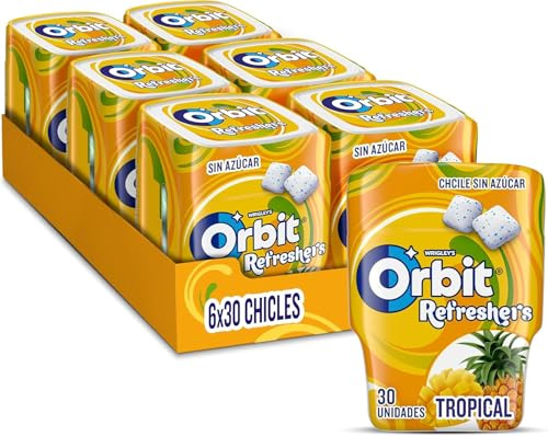 Orbit Chicles Sin Azúcar Sabor Tropical Grageas 6 Botes x 30 u. | Chicles sin azúcar con sabor afrutado tropical -- formato multipack ideal para la oficina, compartir y tener siempre a mano