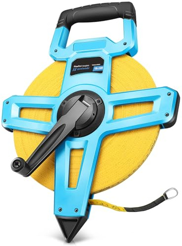 Auto Dynasty Open Reel Measuring Tape 1/2 x 330 Ft. Fiberglass Tape Measure with 360 Degree Rotating Handle, for Engineer, Yard, Field and Long Jump, Blue/Yellow