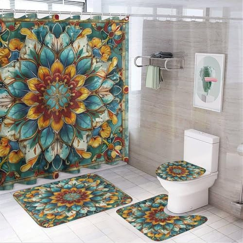 TOWINSFB 4Pcs Colorful Boho Teal Mandala Shower Curtain Sets Bathroom Decor, European Retro Rustic Floral Shower Curtain with Non Slip Rug, Toilet Lid Cover, Bath Mat and 12 Hooks 72W x 72L
