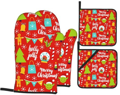 Ofenhandschuhe und Topflappen-Set, Weihnachtsbaum-Elfen, hitzebeständig, Küchen-Backhandschuhe, rutschfeste Oberfläche zum Kochen, Backen, Grillen, Grillen