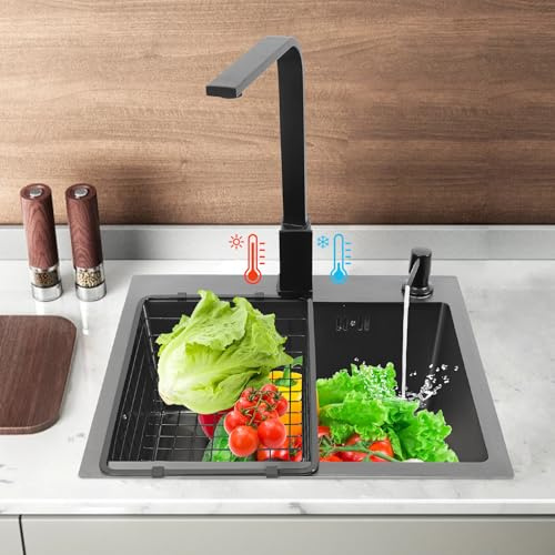 Diskbänk svart diskbänk 1 handfat inbyggd diskbänk 360° vridbar vattenfall diskbänk kök liten inbyggd diskbänk i rostfritt stål med kran, droppkorg, tvåldispenser