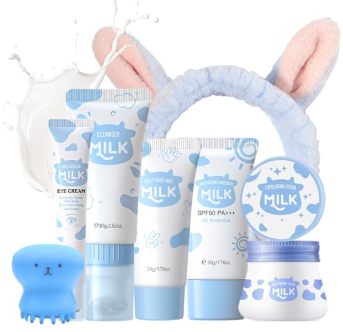 Ensemble de soins de la peau au lait, coffrets cadeaux beauté pour adolescentes, kits et ensembles de soins de la peau avec cire pour les mains, crème pour les yeux, nettoyant, gommage, hydratant et