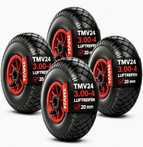 TMV24® 4x Sackkarrenrad Luftrad 3.00-4, 260x85, Nabe Ø20×75, Reifen mit Schlauch & Rad für Sackkarre Bollerwagen Ersatzrad Sackkarren, Luftreifen Räder Rollenlager Kugellager Winkelventil Schw/Rot, L