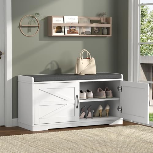 Schuhbank Schwarz, Schuhregal mit Sitzfläche, Schuhschrank mit Sitzkissen, Schuhbank mit Türen, Schuhregal mit stauraum für Flur, kleine Räume,Wohnzimmer, Schlafzimmer, 35 x 100 x 50 cm (White)