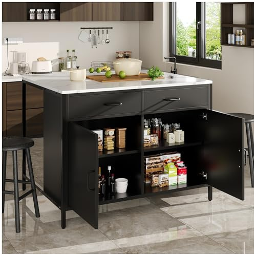 Wyibwy Isla de cocina, encimera de cocina, mesa de comedor vertical moderna, mesa de bar y café, tablero con vetas de mármol, patas ajustables, aparador, color negro