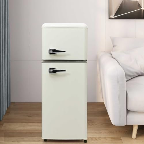 LULUWA Réfrigérateur Rétro, Réfrigérateur Combiné à Double Porte avec Éclairage LED H 105.5cm L 41cm92 Litre Volume Total 28 Litre Volume du Congélateur 116 kWh/an -27°C ~13°C (Blanc)