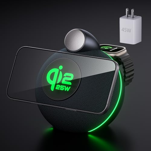 Kcuskl Magnetic Wireless Charging Station with Speaker, 25W Fast Charging,Durable & Portable with Clear Sound,True Wireless Stereo Ideal Electronic Gifts (Cosmic Gray)