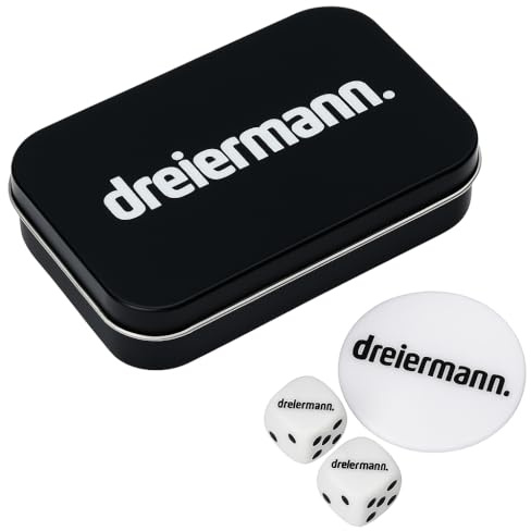 dreiermann.® – Trinkspiel & Saufspiel mit Würfeln für Erwachsene | Partyspiel für 2–7 Spieler | Würfelspiel für WG, Geburtstag, JGA & Festival | Metallbox mit Coin & 2 Würfeln