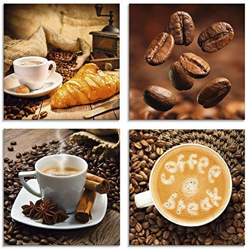 ARTland Wanddeko Glasbilder Wandbild Glas Bild Set 4 teilig je Quadratisch Kaffee Cafe Coffee Kaffeetasse Croissant Kaffeebohnen Frühstück S6BS