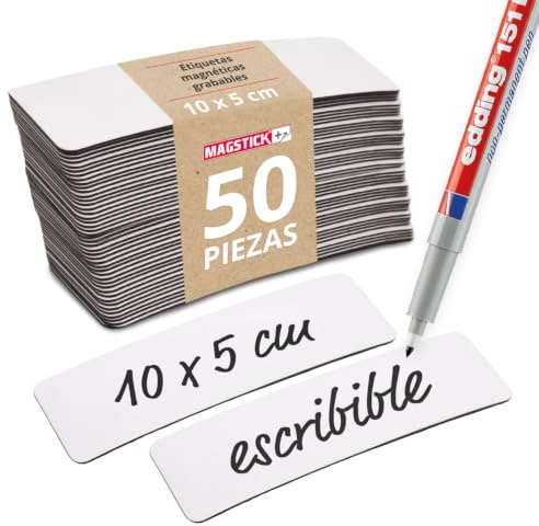 Magstick 25 Stück Magnet-Etiketten 5 x 2 cm zum Beschriften - mag153 | Rückseite magnetisch, Größe 100 x 50 mm, Stärke 0,85 mm, Kein Haftgrund für Magnete, NICHT als Haftmagnet gedacht