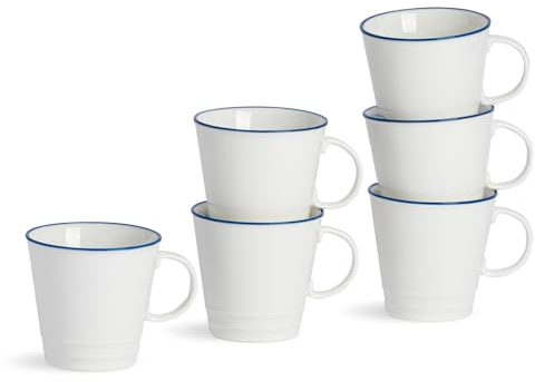 Nicola Spring Farmhouse 90ml Espresso Cups - Set of 6 White & Blue Porcelain Rustic Country Cottage Coffee Cups with Rolled Rims & Comfort Handles