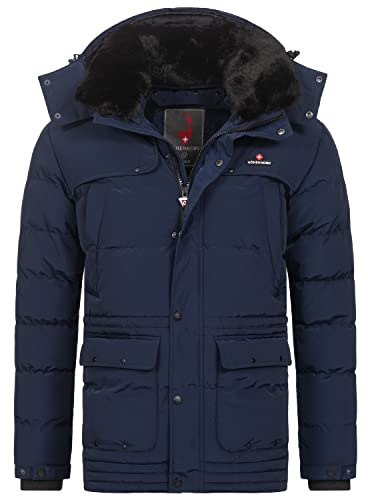 Höhenhorn Achalm Chaqueta de invierno para hombre, chaqueta acolchada con forro, chaqueta de invierno con capucha desmontable y cuello de piel sintética, Azul Oscuro, 3XL