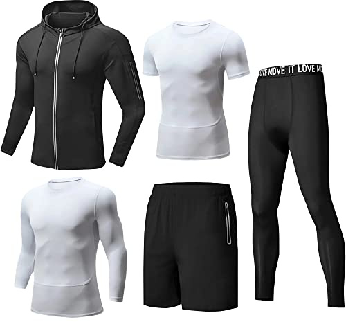 Tancefair 5 st fitness träningskläder för män löpning kompressionsbyxor kort/långärmad skjorta topp jacka set kostym, vit, L