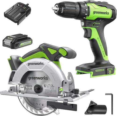 Kit sierra circular inalámbrica Greenworks 24V 165mm y taladro atornillador 35Nm incluye batería 2ah y cargador