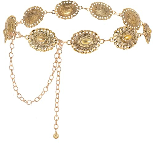 WHIPPY Damen Concho Kettengürtel taillenkette Türkis Taille Gürtel verstellbarer Metall Western Cowgirl Gürtel für Kleid,110cm Gold