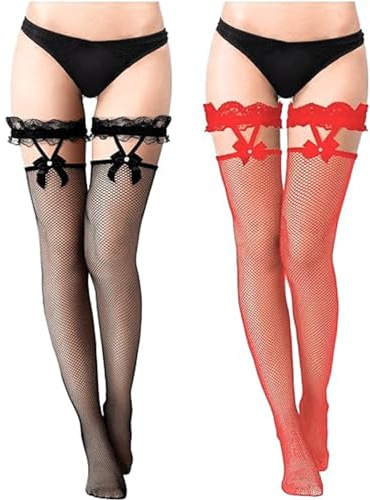 Xumann 2 Pairs Hold ups Fishnet Stockings for Women Black and Red Stockings Women's Suspenders Thigh High Sexy Stocking