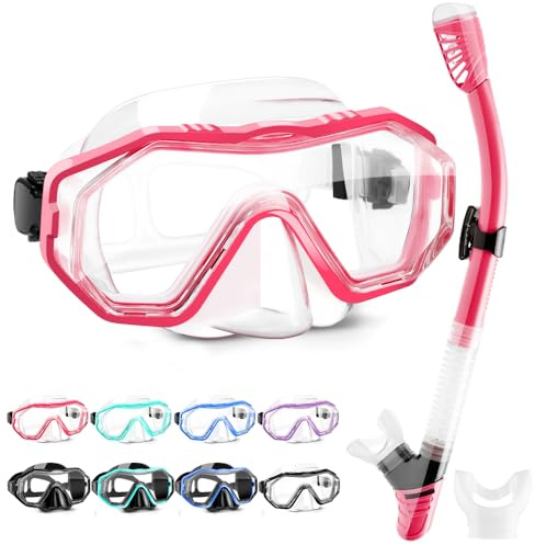 HINATAA Schnorchelset Erwachsene, Taucherbrille mit Silikonschnorchel, Anti-Fog PC Linsen Tauchmasken, 180° Schnorchelmaske, Anti-Percolation Dry Schnorchelset Frauen Männer