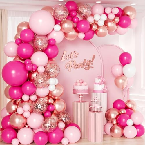 Kit Arche Ballon Rose, 135 pièces Arche Ballons Anniversaire Rose Gold Blanc, Guirlande Ballon Rose Fushia pour Decoration Anniversaire Mariage Bapteme Baby Shower Fiancailles