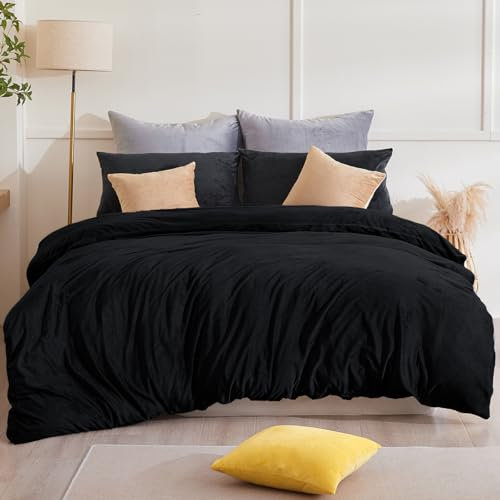 Beqnat Winter Flanell Bettwäsche 135x200 - Warme Flauschige Teddy Plüsch Bettwäsche Sets Cashmere Touch Winterbettwäsche Fleece 1 Bettbezug + 1 Kissenbezug 80x80 mit Reißverschluss, Schwarz