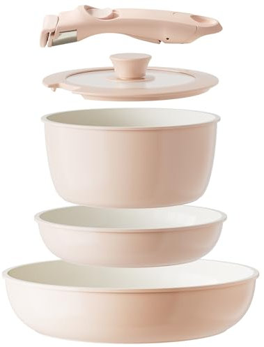 Redchef Ceramic Cookware Set, Removable Handle Pots and Pans Non Stick, Rv Cookware Set, Non Toxic Detachable Pots and Pans No PFAS & PTFE & PFOA, Oven Safe (Pink)
