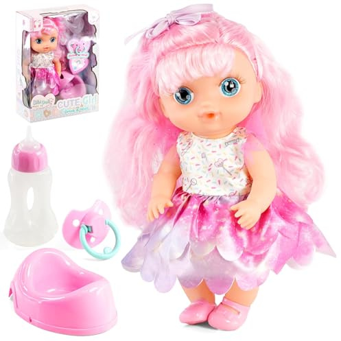 Realistic Baby Doll Girl 12 With Big Eyes & Lifelike Functions - Water Bottle, Doll Potty, Dummy - Drinking & Wet Features - Dolls For Girls & Doll Accessories