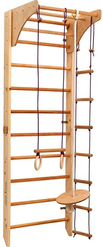 Kletterwand für Kinder und Erwachsene mit höhenverstellbarem Reck-Indoor Klettergerüst aus Holz - Wand-Reck, Stange, Gymnastik-Ringe, Kletterseil - Kombi 2 mit kindersicherem Lack