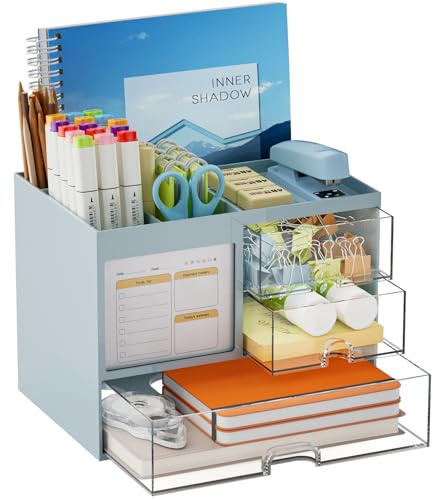 Marbrasse Organizer Scrivania con 3 Cassetti,Grande Capacità Portapenne da Scrivania,Organizzatore Scrivania con 4 Scomparti Accessori,per Ufficio Casa Scuola(Blu)