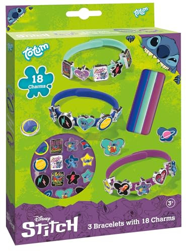 TM ESSENTIALS Stitch armbandsset med 18 berlocker för barn | Charmarmband i gult, blått och rött för kreativ självdesign – unikt smyckesnöje med söta stygnmotiv, 14 Cm, Gummi, ingen ädelsten