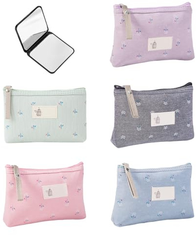 5 Petites Trousses À Maquillage Imprimées, 1 Miroir Cosmétique Pliable, Trousse À Maquillage En Toile Imperméable, Trousse De Rangement Multifonctionnelle, Trousse De Toilette De Voyage Pratique