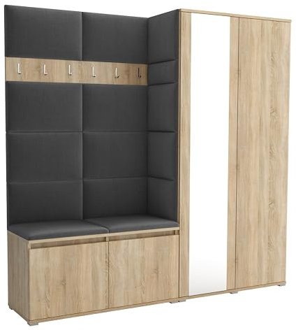 Brent - Flurgarderobe Luton 4, Garderobe Set: Schuhbank mit Sitzfläche, Garderobenpaneel, Garderobe mit Spiegel, Flur Möbel, Sonoma Eiche + Polsterpaneele in Grau