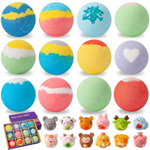 Badekugeln Badebomben, 12 Stück Badebomben für Kinder, mit Überraschungsspielzeug im Innere, Bio-Badekugeln mit Reiche Blasen, Geschenke für Jungen und Mädchen 4–15 Jahren
