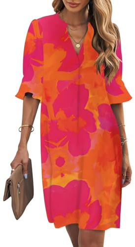 Wkior Elegant Dresses for Women V Neck Short Sleeves Casual Summer Dress Orange Floral L