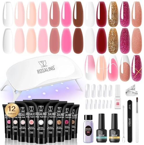 ROSALIND Poligel per Unghie Kit Completo, 12 Colori 10ml Gel Unghie Ricostruzione con UV Lampada, Base & Top Coat e Strumenti, Poly Nail Gel Completo kit per Principiante, Professionale e Salone