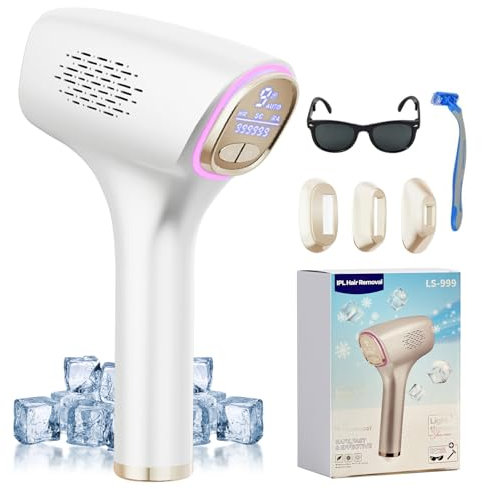 3 en 1 Depiladora Laser con Función de Refrigeración, 570NM-1200NM, Depiladora Luz Pulsada, Pantalla Táctil LCD, 999,999 Flashes, 9 Niveles de Energía, HR/SC/RA Mode, para Facial, Axilas,Brazos