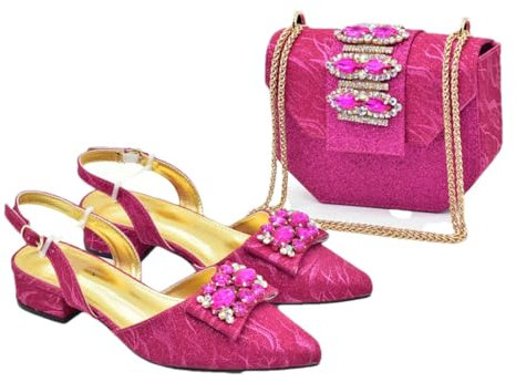 Wjnvfioo Zapatos y bolsos de fiesta para mujer, zapatos y bolsos de lujo para mujer, con diamantes de imitación, conjunto de tacones bajos fucsia 42 (EE. UU. 10)