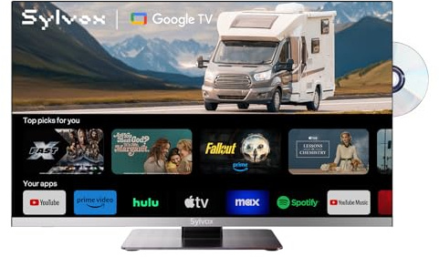 SYLVOX 24 Wohnmobil Fernseher mit DVD-Player, 12V Smart TV 1080P Full HD, Google TV, Rahmenloser DC/AC Powered Television mit WiFi, Bluetooth, HDMI, USB | Triple-Tuner für Wohnwagen, Camping & LKW