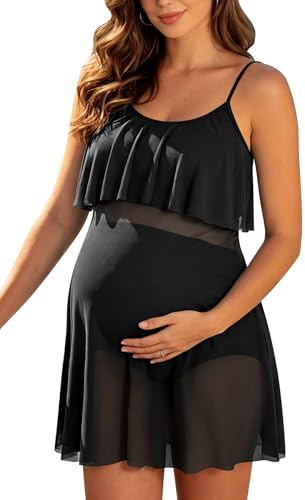 SHEKINI Maillot de bain de maternité deux pièces pour femme - Ensemble tankini taille haute avec empiècements en maille