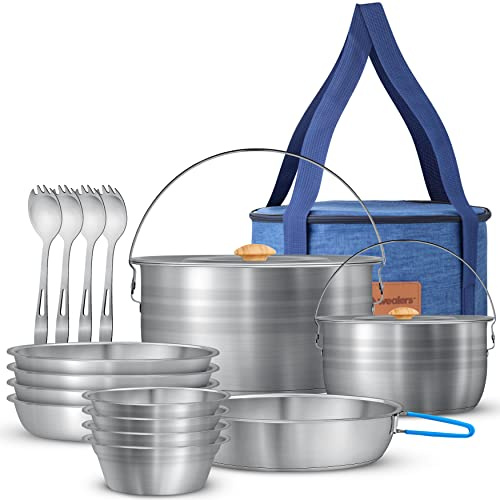 WEALERS Camping-Kochgeschirr- und Geschirr-Set, 17-teilig, Edelstahl-Töpfe und Pfannen, Set mit Tellern, Schüsseln und Sporks in Reise-Netztasche für Camping, Trekking, Picknick im Garten und