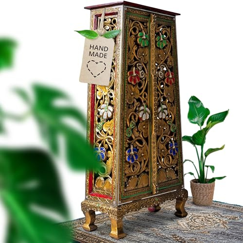 livasia Asiatischer Schrank aus Massivholz mit Glasmosaik – 65x30x130cm – Handgeschnitzte Kommode in edler Optik aus Akazienholz, hochwertig und nachhaltig hergestellt in Thailand