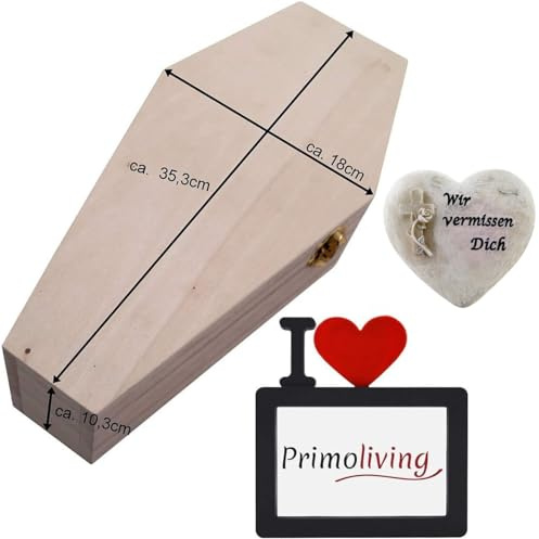 PrimoLiving petbye Holz Kleintiersarg mit Gedenkset - Größe M für kleine Haustiere - Tiersarg mit Metallverschluss - Sarg inkl. Gedenkstein und Bilderrahmen